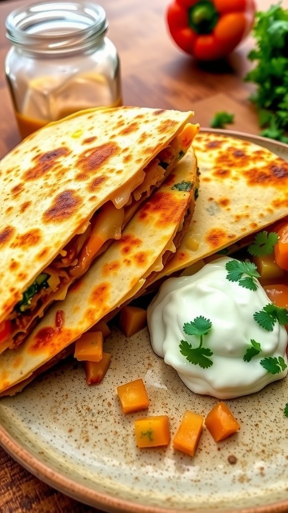 Golden-brown quesadilla wedges filled with cheese and colorful fillings, served with sour cream and salsa.